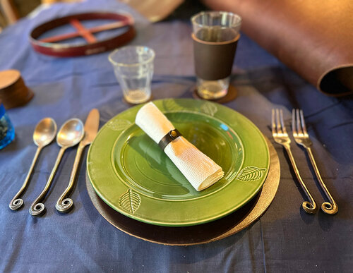 Leather place setting accessories for Julien LeBlanc's popup dinners