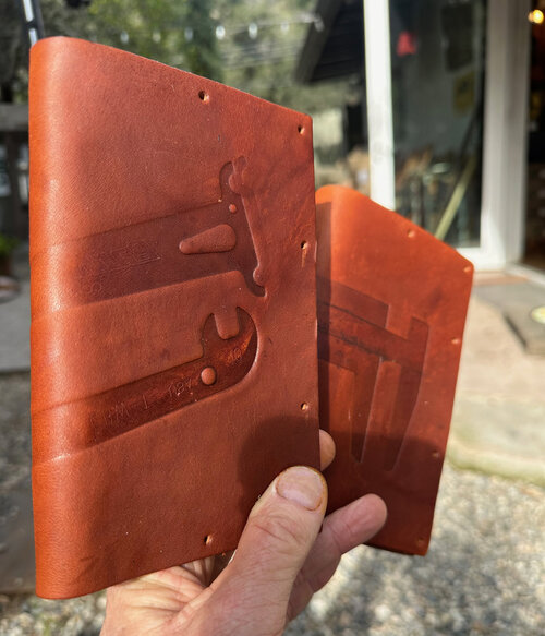 Leather journal cover with tools imprints