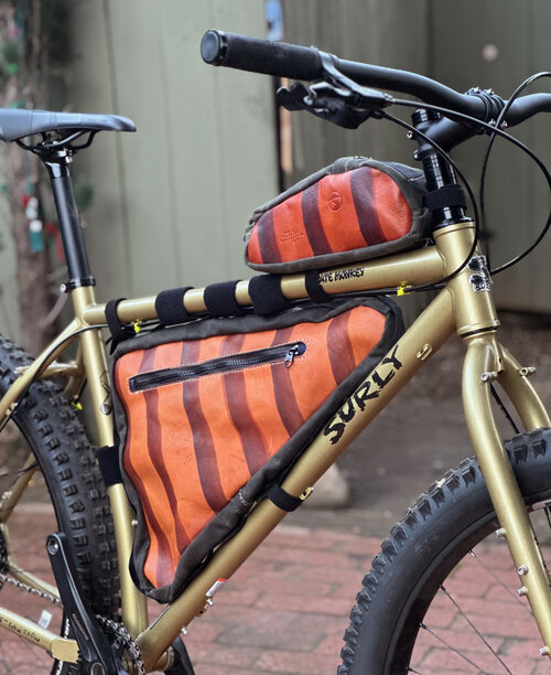 top tube bag and framebag with special hand-dyed stripe pattern