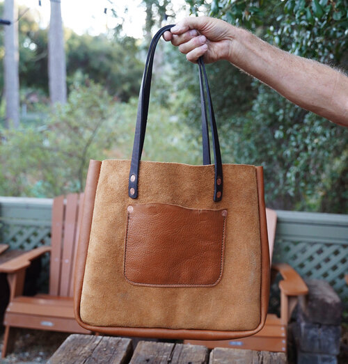 Leather tote bag in two different types of leather